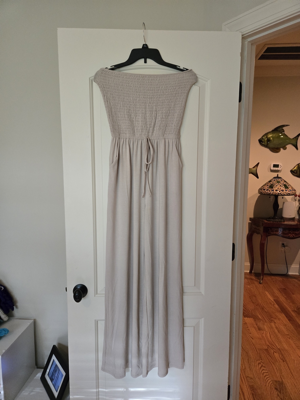 Zenana Strapless Smocked Wide Leg Jumpsuit Beige Taupe M